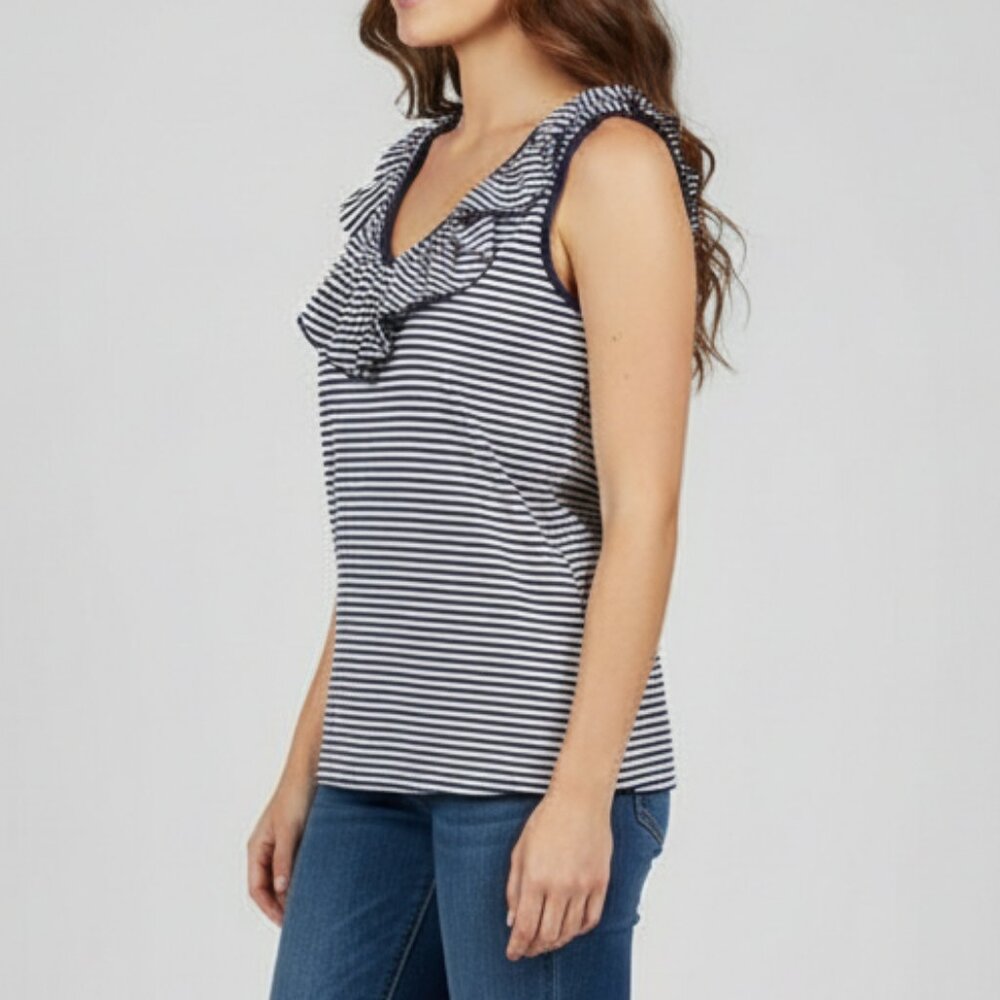 AnaClare Ruffle Trim Navy Stripe Top